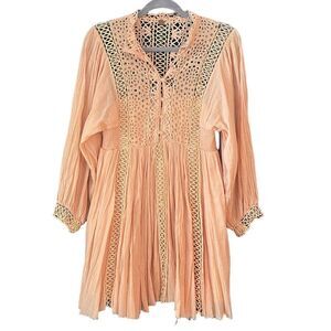 Free People One lace crochet flowy Mini Dress Peachy sz Small boho